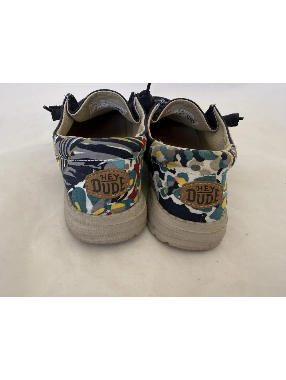 Hey Dude Wendy Funk Chambray Shoes Size 7 Blue Logo Heel Design Slip Ons
